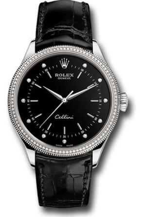 Replica Rolex Cellini Time Watch 50609RBR White Gold Black Dial Black Leather Strap - Click Image to Close